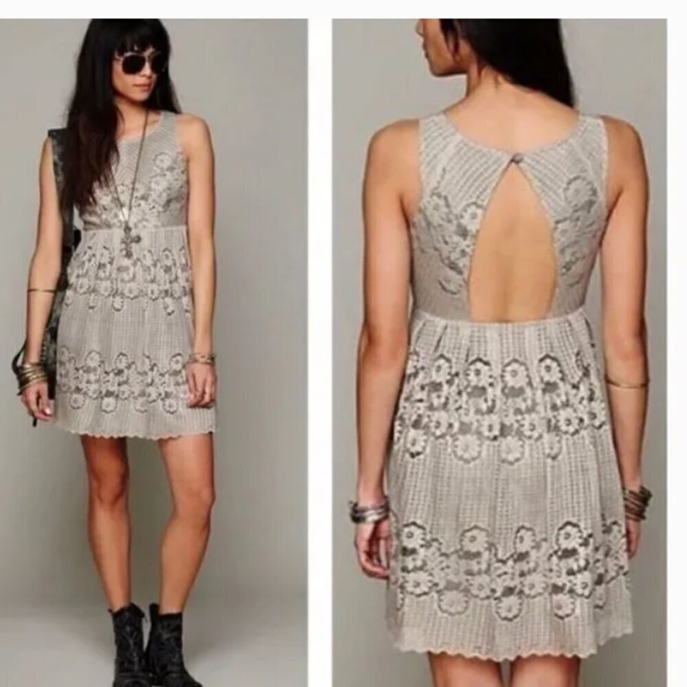 FREE PEOPLE “Rocco” Lace overlay Dress Taupe sleeveless Keyhole back/backless